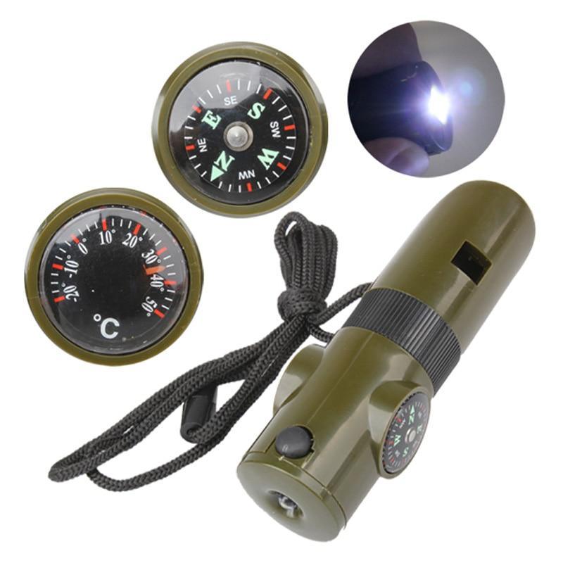 Camping Survival Whistle With Compass Thermometer Flashlight Magnifier - Vibeknects